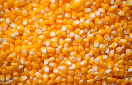 Full frame background top view of raw yellow corn seeds scattered on surface, by ai generativeの素材