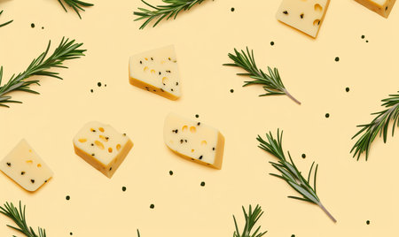 Cheese with rosemary full depth of field. Hard cheese with spices beautiful still life, by ai generativeの素材