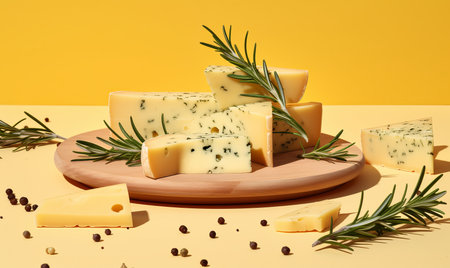 Cheese with rosemary full depth of field. Hard cheese with spices beautiful still life, by ai generativeの素材
