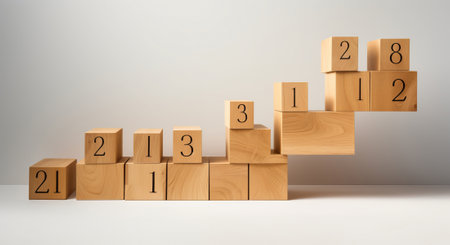 futuristic steps as a symbol of the way to the goal, an unusual way up on blocks of wood, by ai generativeの素材