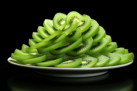 Peeled ripe kiwi on glass plate. Kiwi peeled and kiwi in the peel closeup., by ai generativeの素材