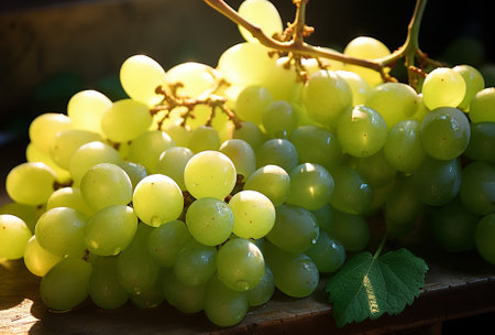 Close up of grapes hanging on branch. Hanging grapes. Grape farming. Grapes farm. Tasty green grape bunches hanging on branch., by ai generativeの素材