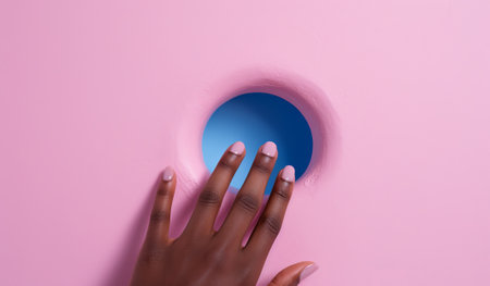 person putting a hand around a pink hole, in the style of minimalist composition, pink and blue, surreal pop, realist detail, handheld, by ai generativeの素材