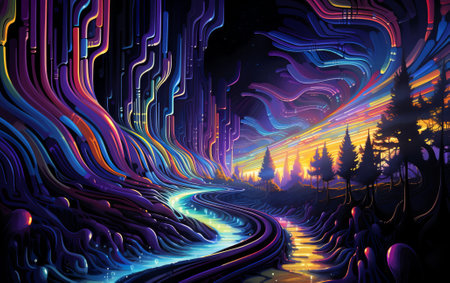 colorful woods painting showing an open trail of glowing lights, in the style of psychedelic illustration, luminosity of water, extremely detailed art, by ai generativeの素材