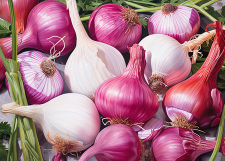 Full Frame Shot Of Purple Onions. Fresh whole purple onions and one sliced onion., by ai generativeの素材