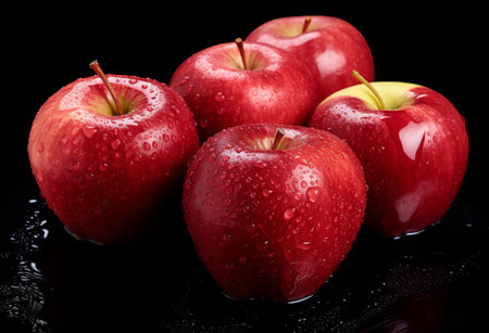 Shiny ripe fresh red apples,  on black wet table background with water drops, by ai generativeの素材