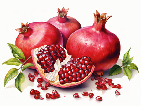 Ripe pomegranate fruits with pomegranate leaves on the white background., by ai generativeの素材