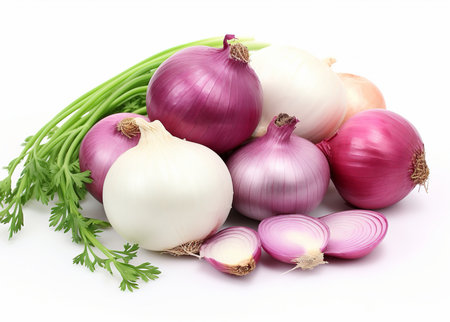 Red whole and sliced onion, isolated on white background, by ai generativeの素材