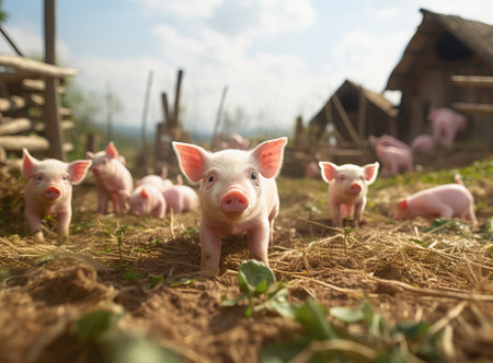 two pigs on a green field near grass and crops on the back of farm, by ai generativeの素材