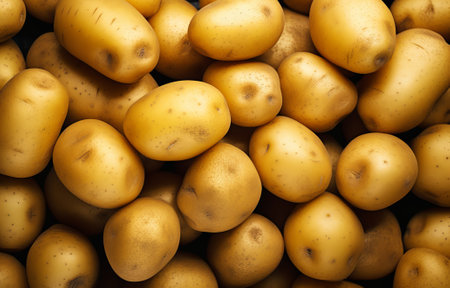 Fresh organic potato stand out among many large background potatos in the market. Heap of potatos root. Close up potatos texture., by ai generativeの素材