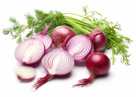 Red whole and sliced onion, isolated on white background, by ai generativeの素材