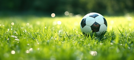 soccer ball on a beautiful green meadow, a ball on a soccer field with no players., by ai generativeの素材