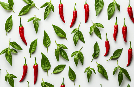 red hot chili pepper decorated with green leaves isolated on white background. in the style of minimalis. Top view. Flat lay pattern, by ai generativeの素材
