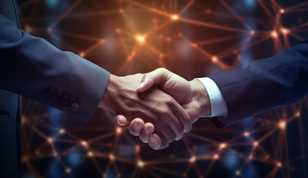 two businessmen shaking hands in front of a network background, people shaking each other hands over an abstract background, by ai generativeの素材