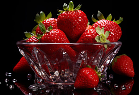 Fresh strawberries in a bowl on black table with low key scene., by ai generativeの素材