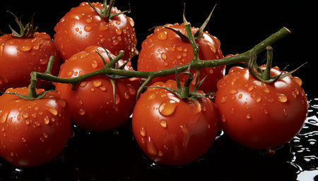 Water drops in tomatoes on shelf in supermarket. Fresh vegetables on market shelves, by ai generativeの素材