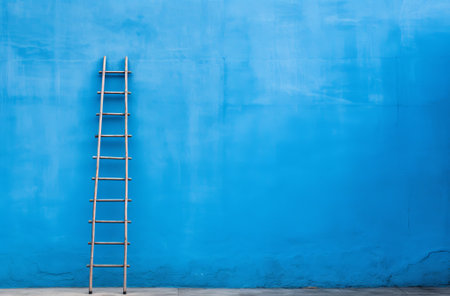 ladder on bright blue colored wall, in the style of dark blue background, concept minimalism, by ai generativeの素材