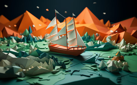 paper ship is floating on the mountains in the background,  polygonal art seascape and mountains, by ai generativeの素材