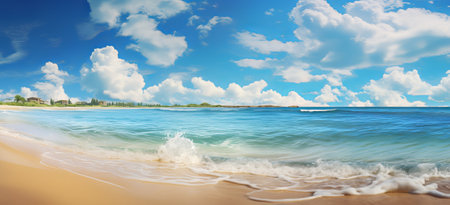 blue water beach with turquoise sand and the sun shining, beach in the sun and cloudy sky, sunny beach with blue water and sunshine, by ai generativeの素材