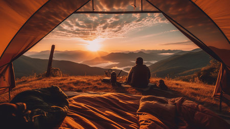 view from inside tent with sleeping bags legs on mountain, by ai generativeの素材