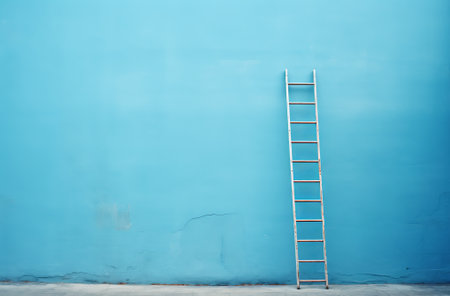ladder on bright blue colored wall, in the style of dark blue background, concept minimalism, by ai generativeの素材