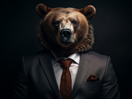 man with bear head in a business suit, alpha male in a suit. businessman leader, crypto trader concept, by ai generativeの素材