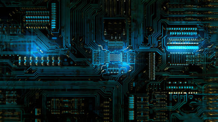 Futuristic glowing CPU quantum computer processor. 3D illustration of computer board, by ai generativeの素材