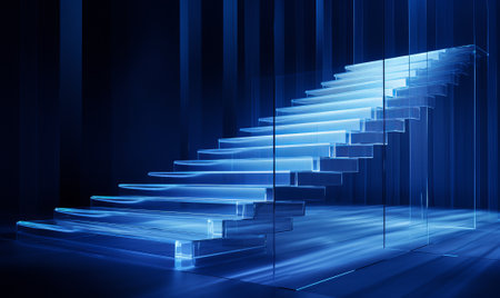 digital stair is made of blue electronic light and has flag, digital stairs and flag going up on blue background, by ai generativeの素材