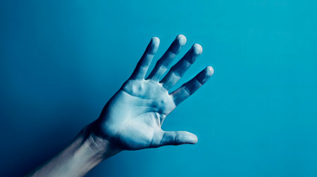 hand asking for help on blue background closeup. hand reaching up, salvation of mankind concept, by ai generativeの素材