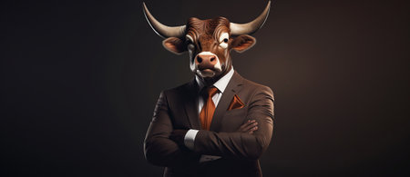 man with bull head in a business suit, alpha male in a suit. businessman leader, crypto trader concept, by ai generativeの素材
