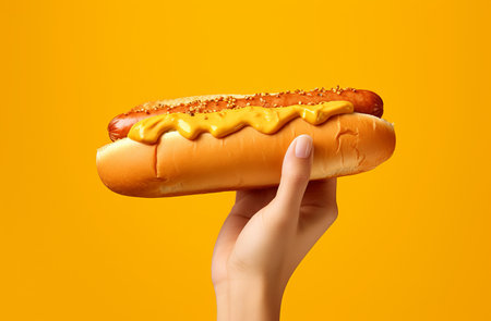 Hand holds hot dog in which sausage, salad, mustard, ketchup, pickle cucumbers are flying on a yellow background, by ai generativeの素材
