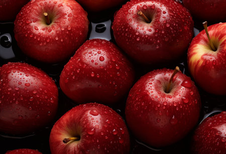 Shiny ripe fresh red apples,  on black wet table background with water drops, by ai generativeの素材