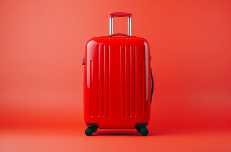 Red travel suitcase on red background. travel and vacation concept. clean background and lots of space, by ai generativeの素材