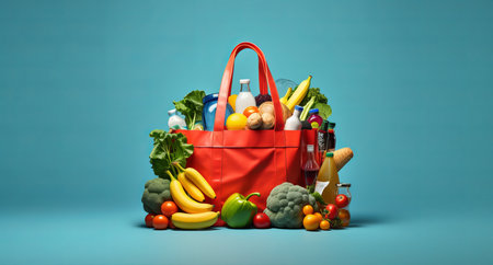 tote bag filled with fresh vegetables and fruits on blue background, by ai generativeの素材