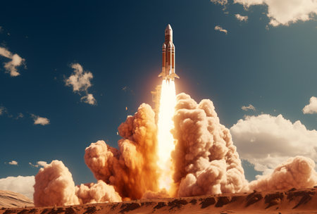 rocket is fired up to launch a launch pad. acroecosmosphere spacecraft launch, by ai generativeの素材
