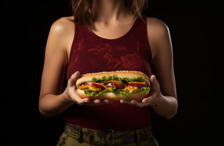Girl holds hot dog in which sausage, salad, mustard, ketchup, pickle cucumbers are flying on dark background, by ai generativeの素材