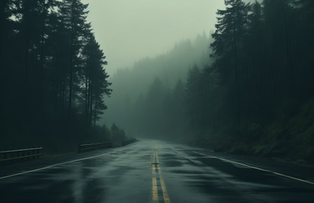 Road in foggy forest in rainy day. Beautiful mountain curved roadway with fog and overcast sky. Landscape with empty wet asphalt road. empty highway lined, by ai generativeの素材