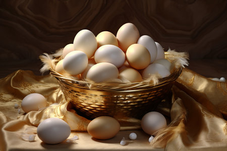 Chicken eggs in sack bag on dark background., by ai generativeの素材