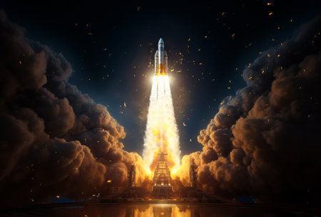 rocket is fired up to launch a launch pad. acroecosmosphere spacecraft launch, by ai generativeの素材