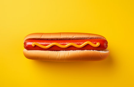 Hot dog grill with mustard isolated on yellow background. hotdog fast food., by ai generativeの素材