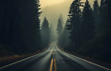 Road in foggy forest in rainy day. Beautiful mountain curved roadway with fog and overcast sky. Landscape with empty wet asphalt road. empty highway lined, by ai generativeの素材