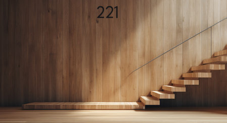 futuristic steps as a symbol of the way to the goal, an unusual way up on blocks of wood, by ai generativeの素材
