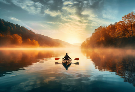 Rear view of woman in canoe. Active, adventure, outdoors, canoeing, kayaking, by ai generativeの素材