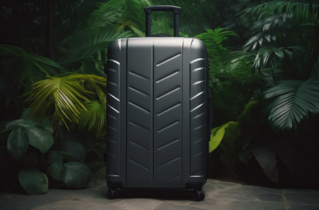 Gray travel suitcase in a room with green plants. travel and vacation concept. clean background and lots of space, by ai generativeの素材