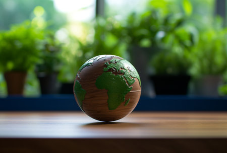 small globe on a wooden desk in the office of a businessman and politician, by ai generativeの素材