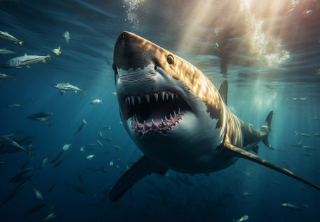 Ocean shark bottom view from below. Open toothy dangerous mouth with many teeth. Underwater blue sea waves clear water shark swims forward, by ai generativeの素材