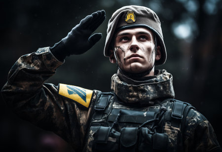 modern equipped soldier saluting behind one another. the defense of the country and its defenders, by ai generativeの素材