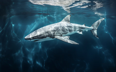 Ocean shark bottom view from below. Open toothy dangerous mouth with many teeth. Underwater blue sea waves clear water shark swims forward, by ai generativeの素材