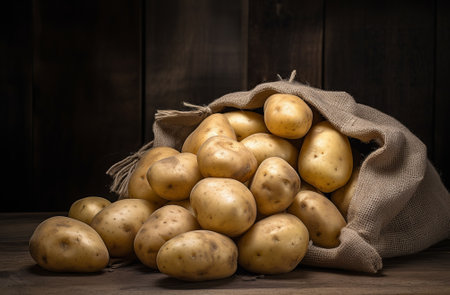 Raw potato food. Fresh potatoes in an old sack on wooden background., by ai generativeの素材