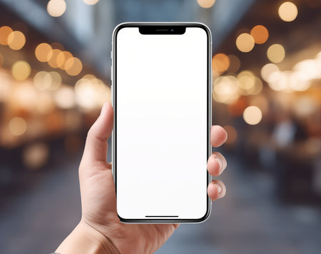smartphone with a blank, blank screen in a mans hands against a backdrop of street lights, by ai generativeの素材